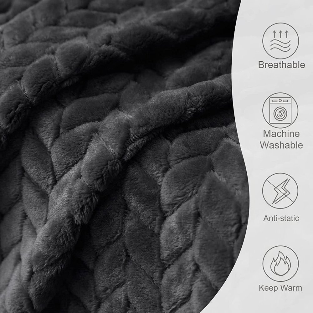 Dark Grey Knit Jacquard Weave Pattern Decorative Warm Flannel Couch Cozy Blanket - Picture 4 of 16